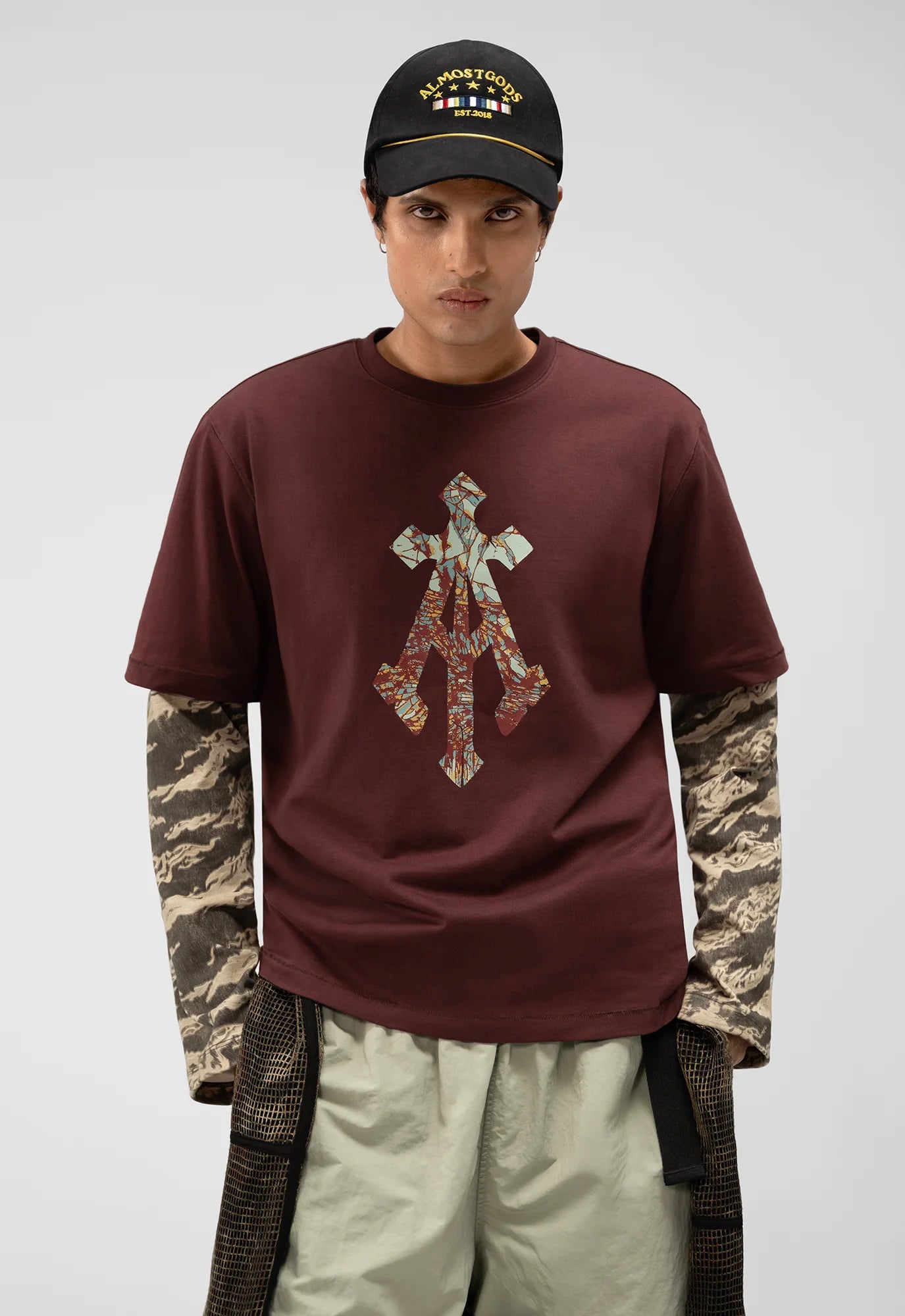 Shattered Alpha Cross Relaxed Tee in Rust
