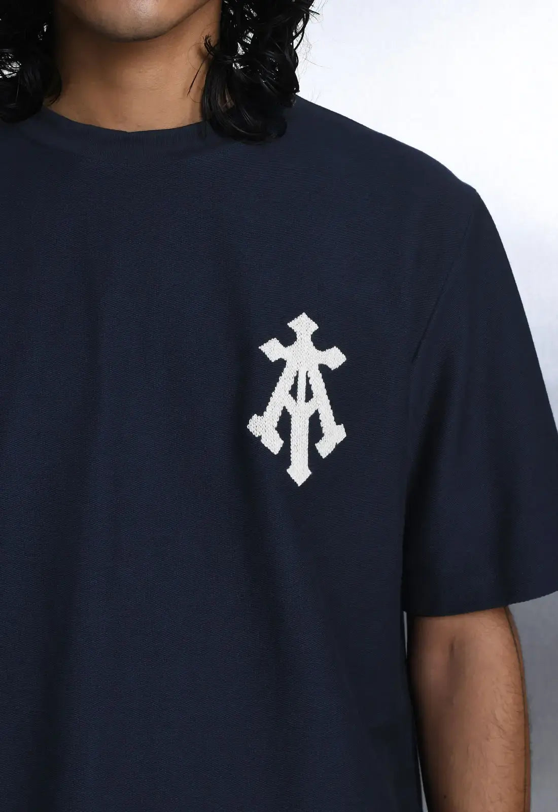 Alpha Cross Aari Knit Relaxed Tee In Navy