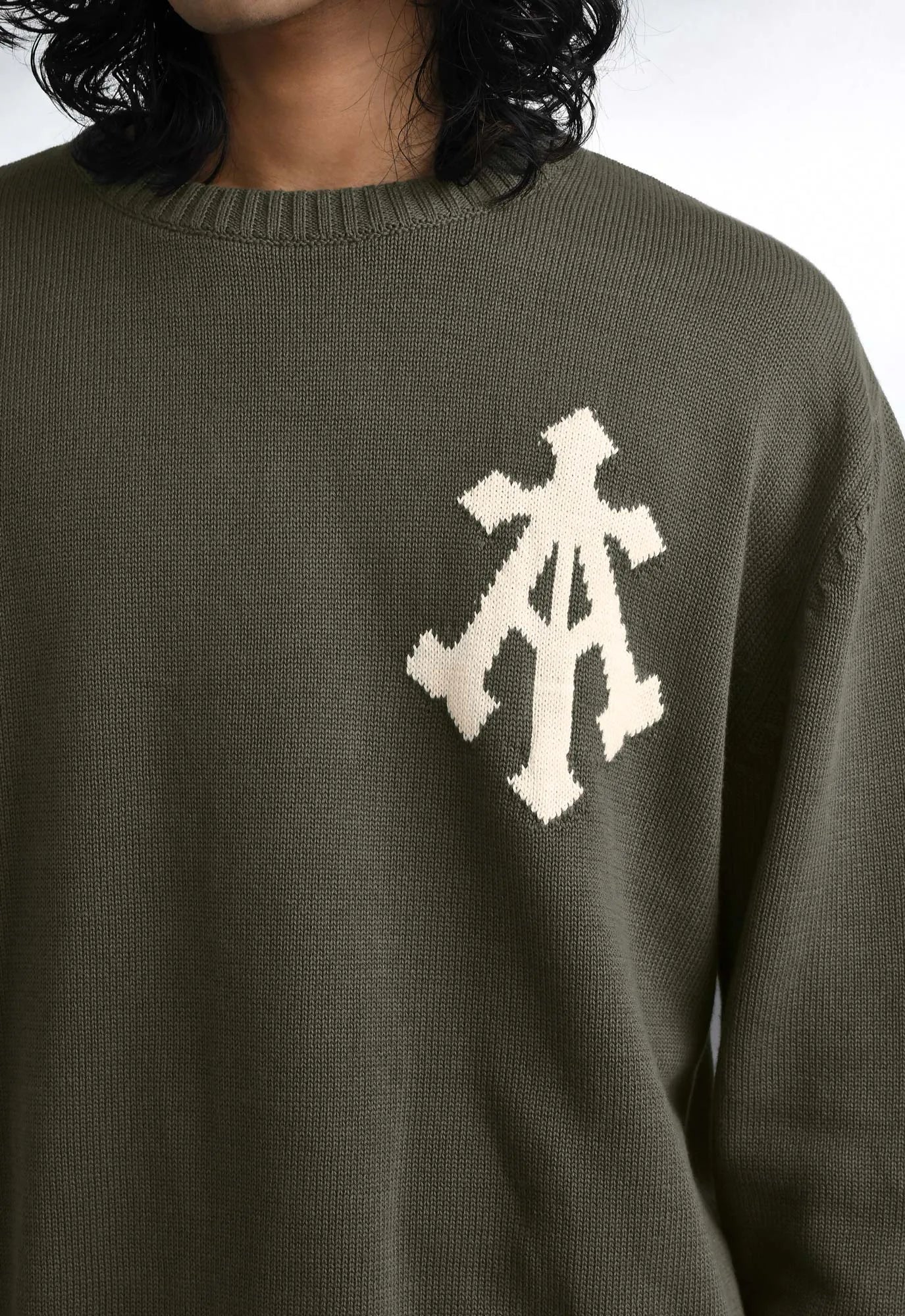 Alpha Cross Knit Sweater In Olive