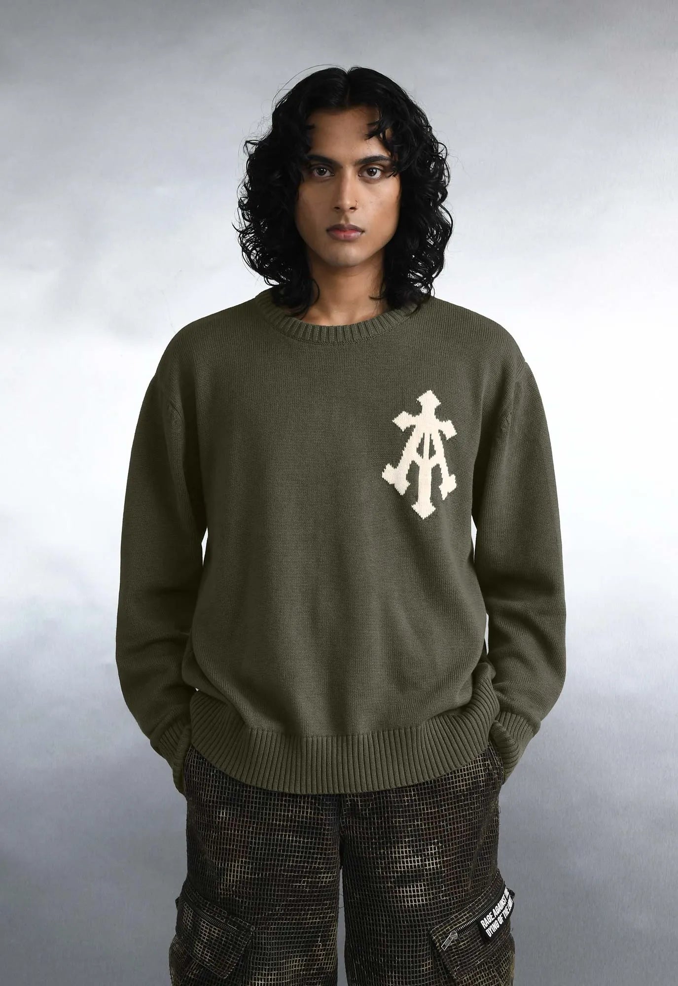 Alpha Cross Knit Sweater In Olive