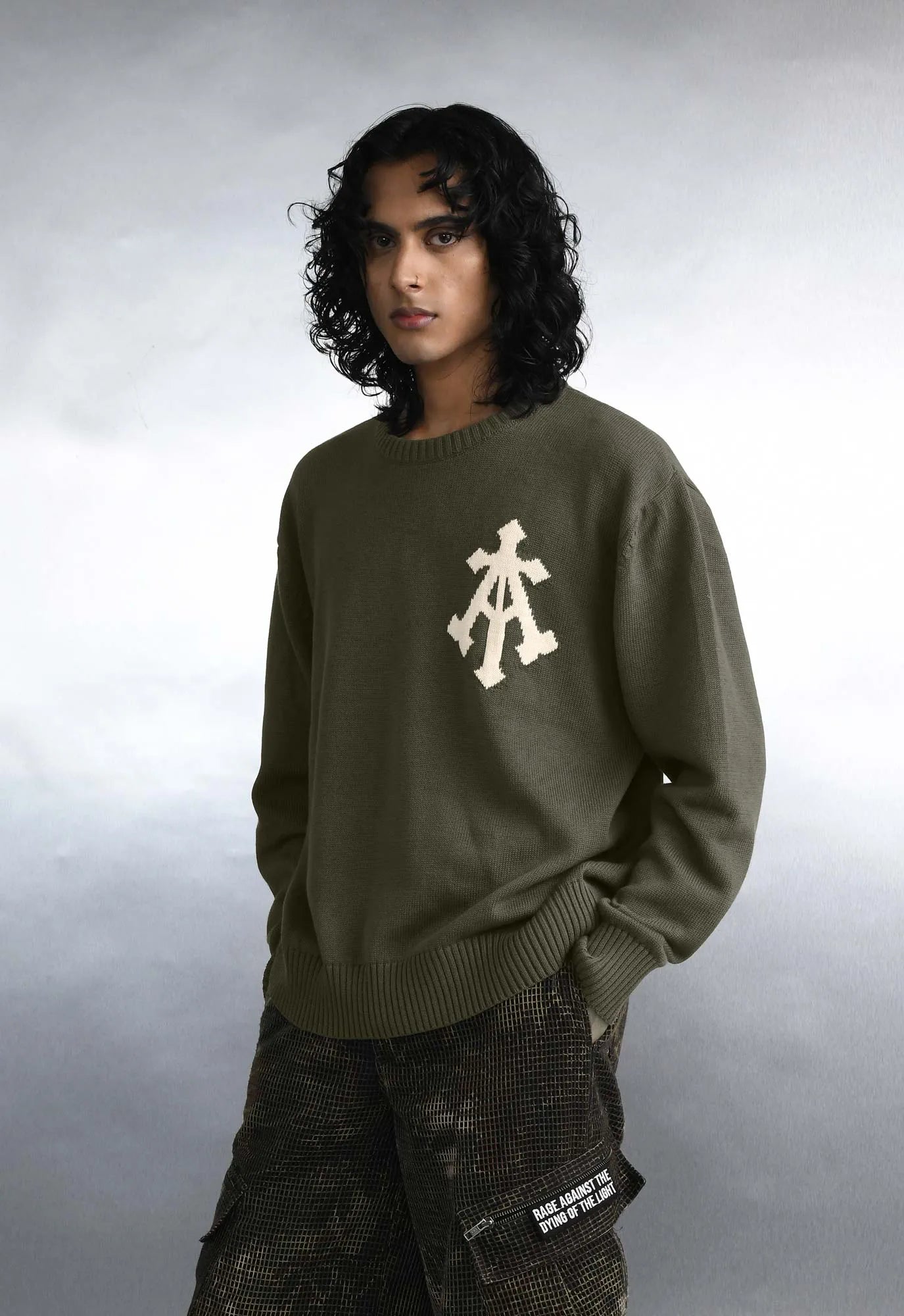 Alpha Cross Knit Sweater In Olive