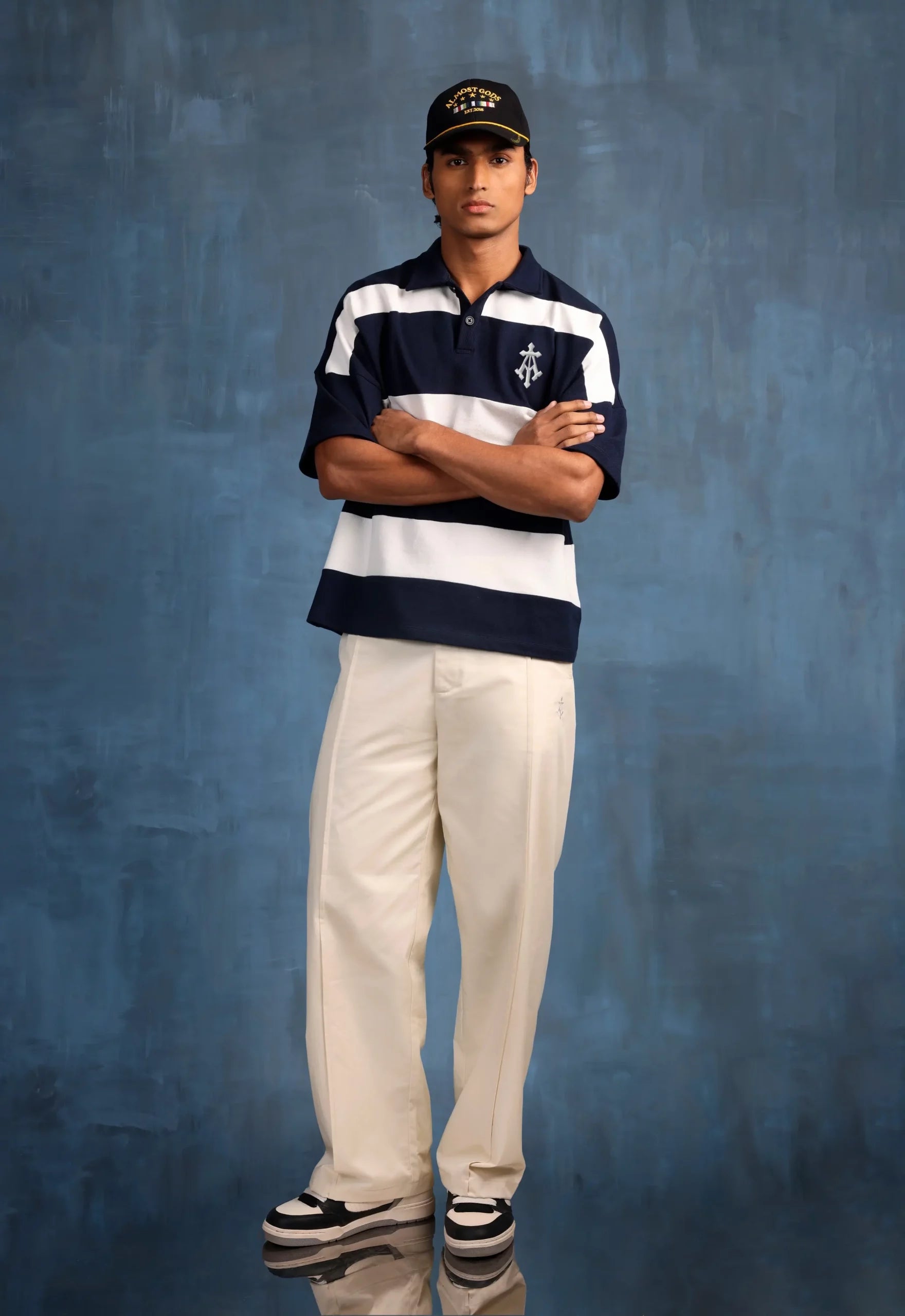 Woven Striped Boxy Polo In Navy And White