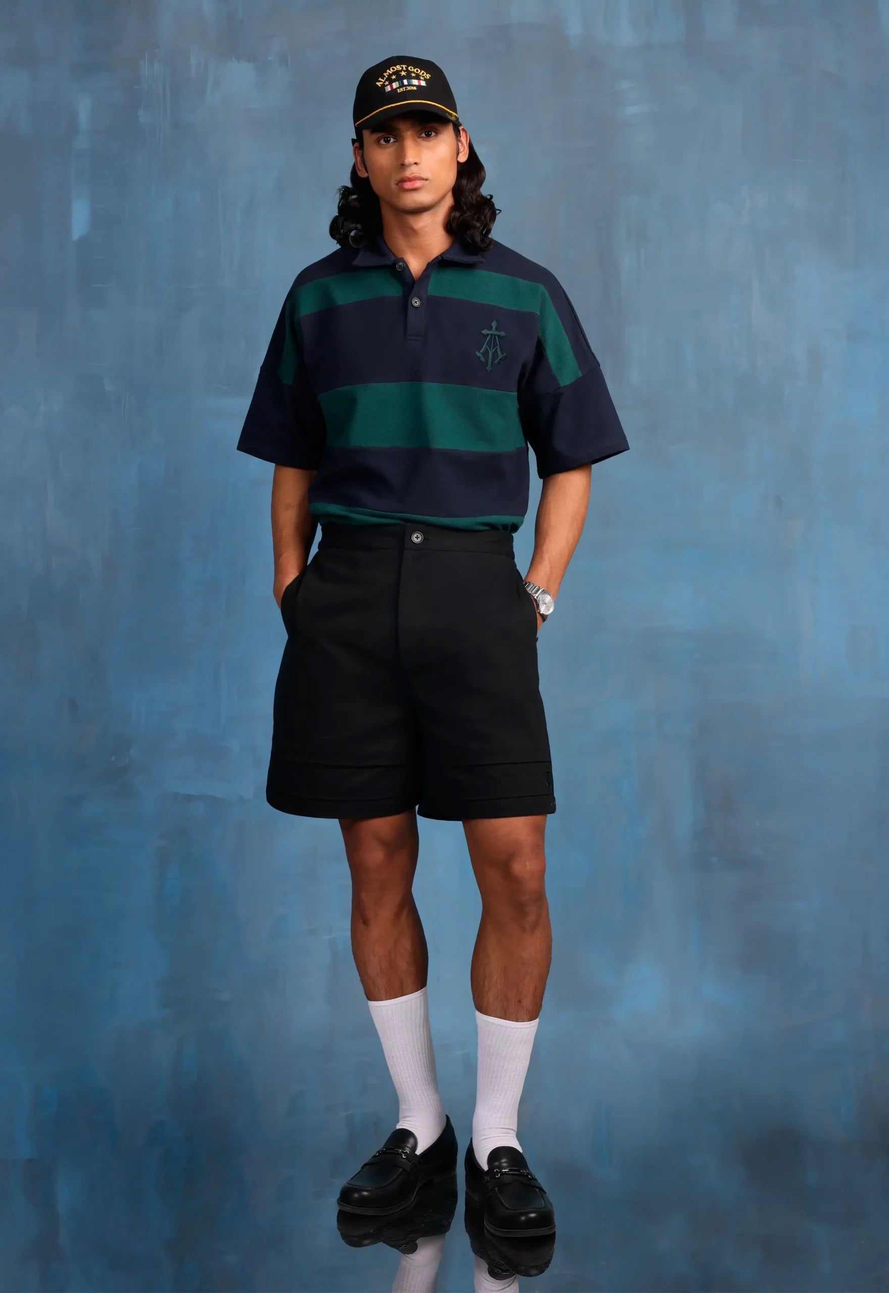 Woven Striped Boxy Polo In Navy And Green