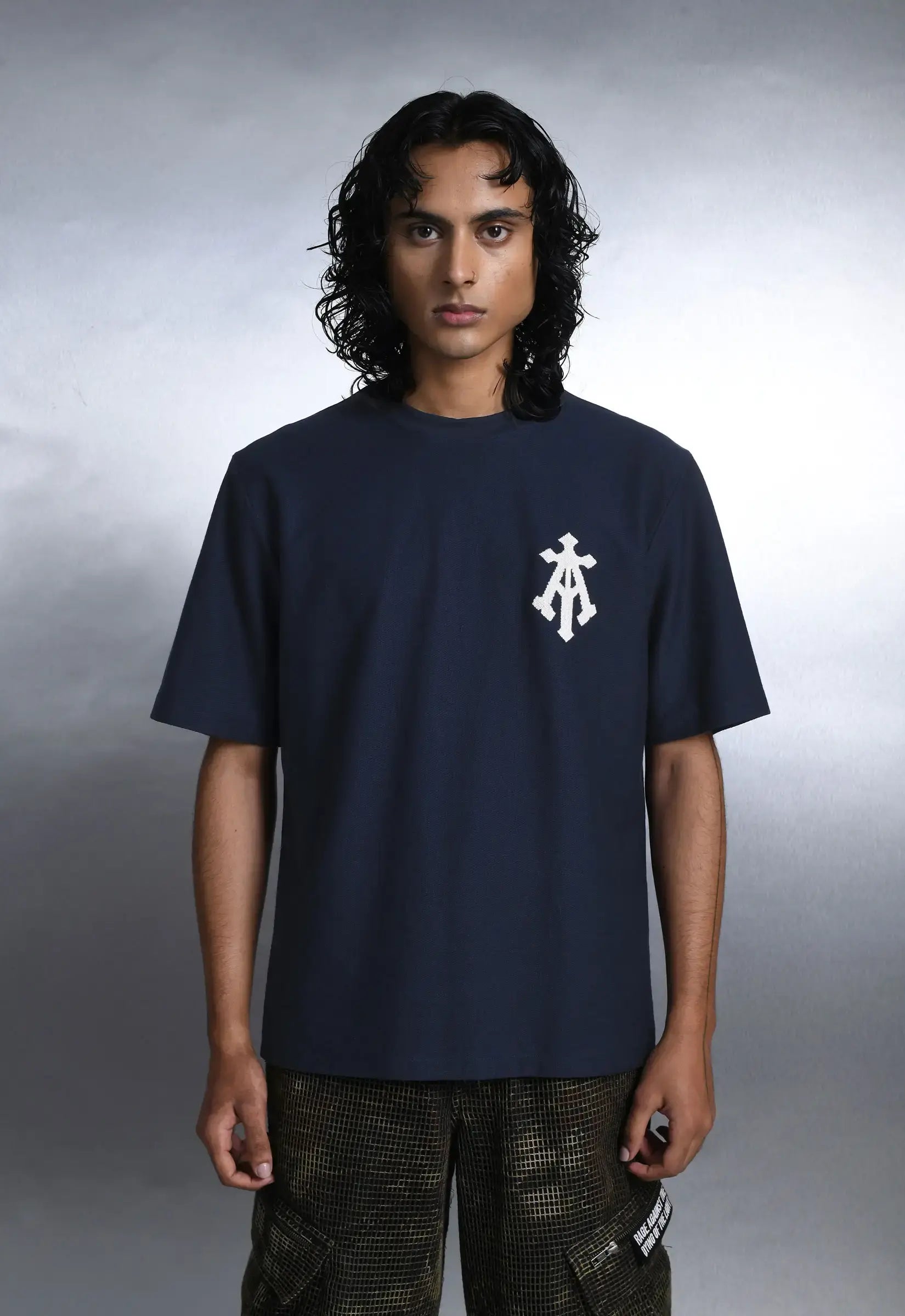 Alpha Cross Aari Knit Relaxed Tee In Navy