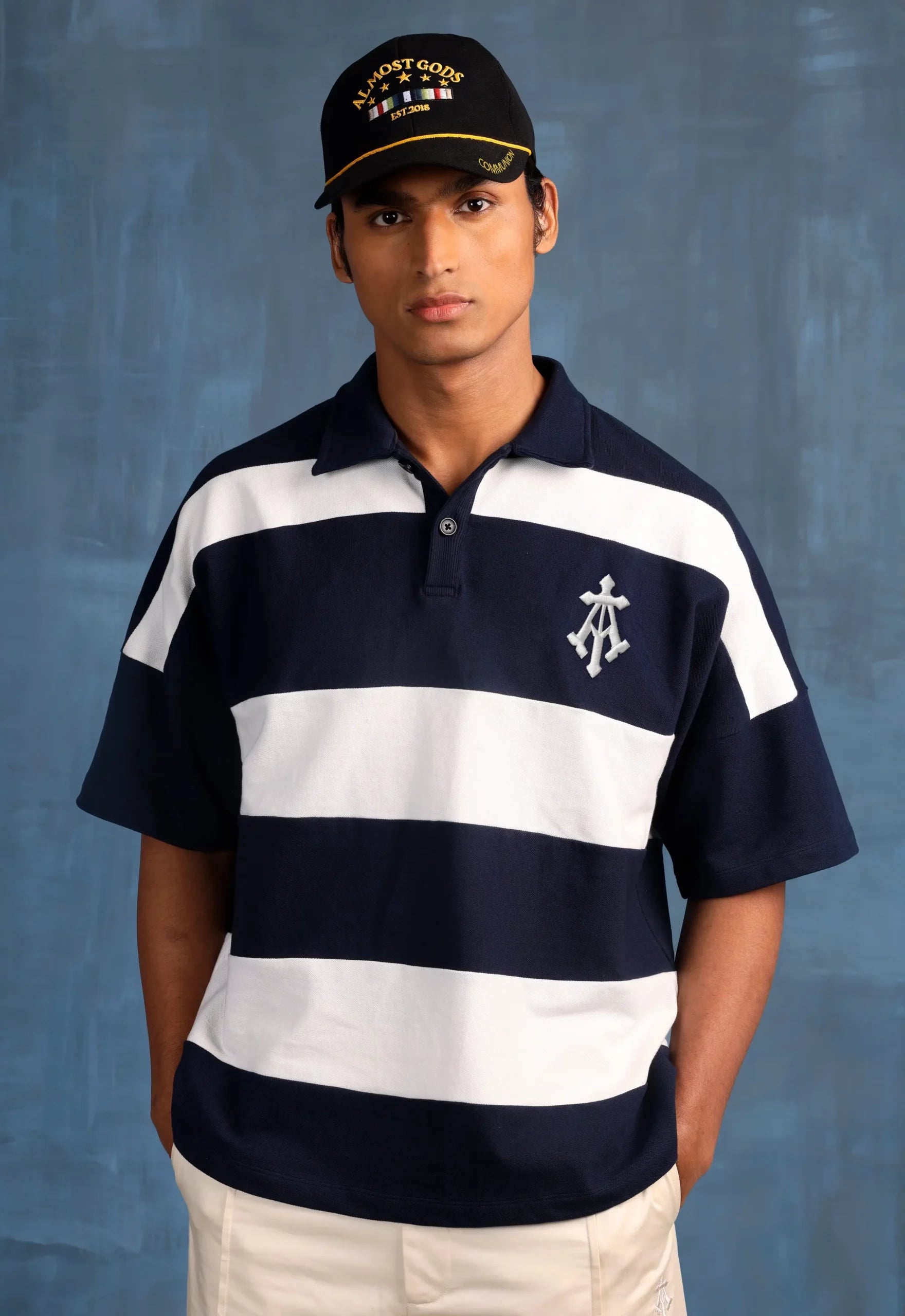 Woven Striped Boxy Polo In Navy And White