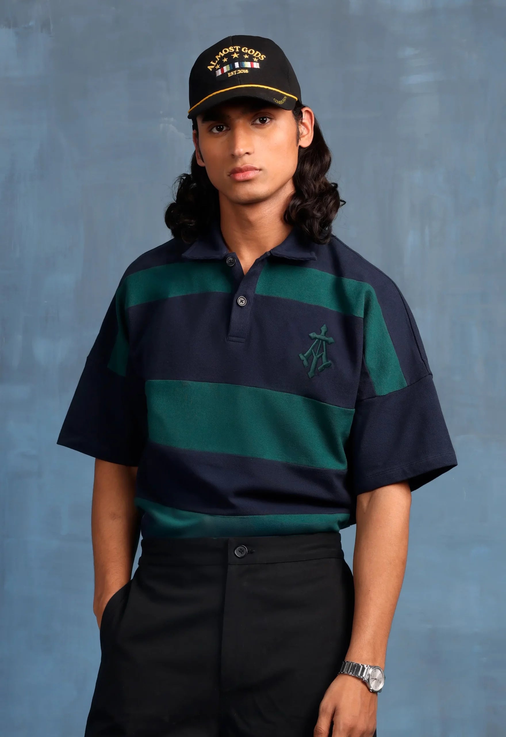 Woven Striped Boxy Polo In Navy And Green