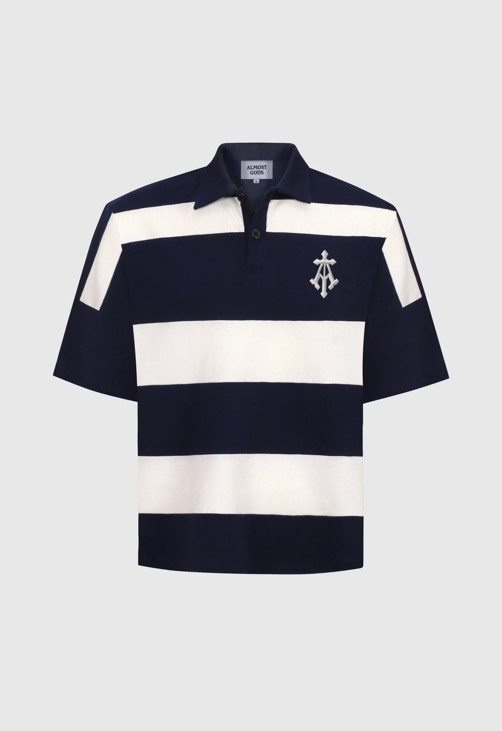 Woven Striped Boxy Polo In Navy And White