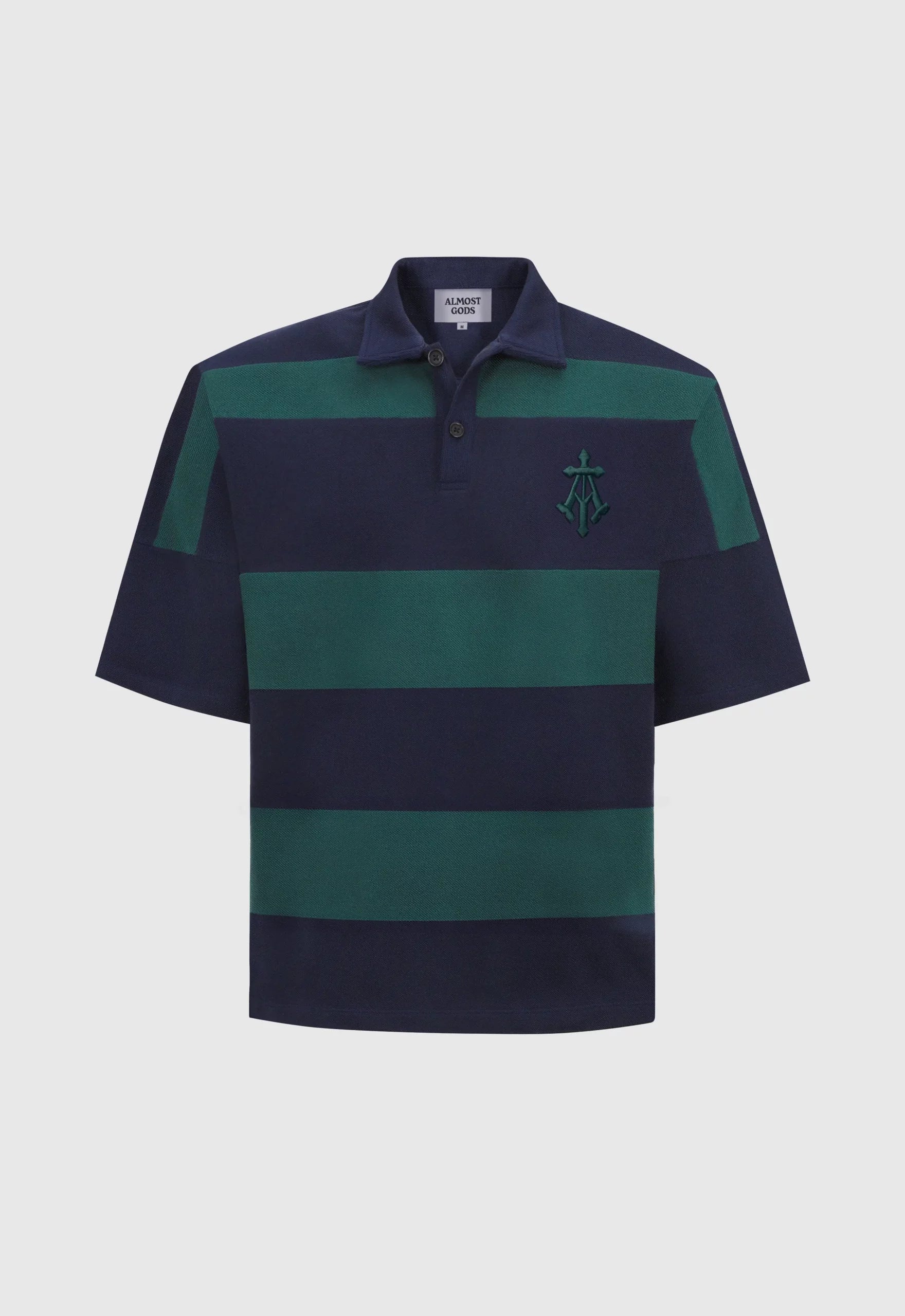 Woven Striped Boxy Polo In Navy And Green