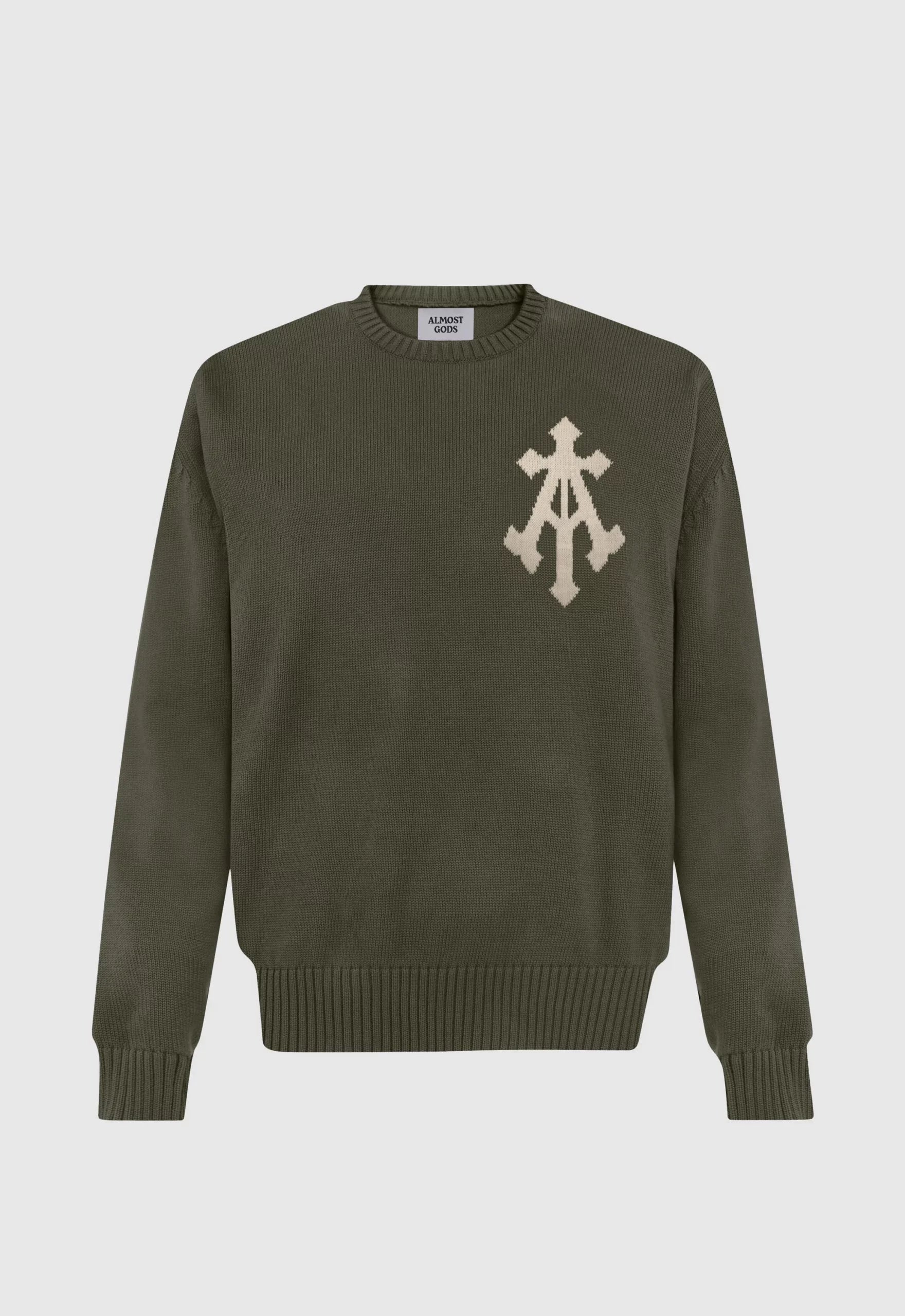 Alpha Cross Knit Sweater In Olive