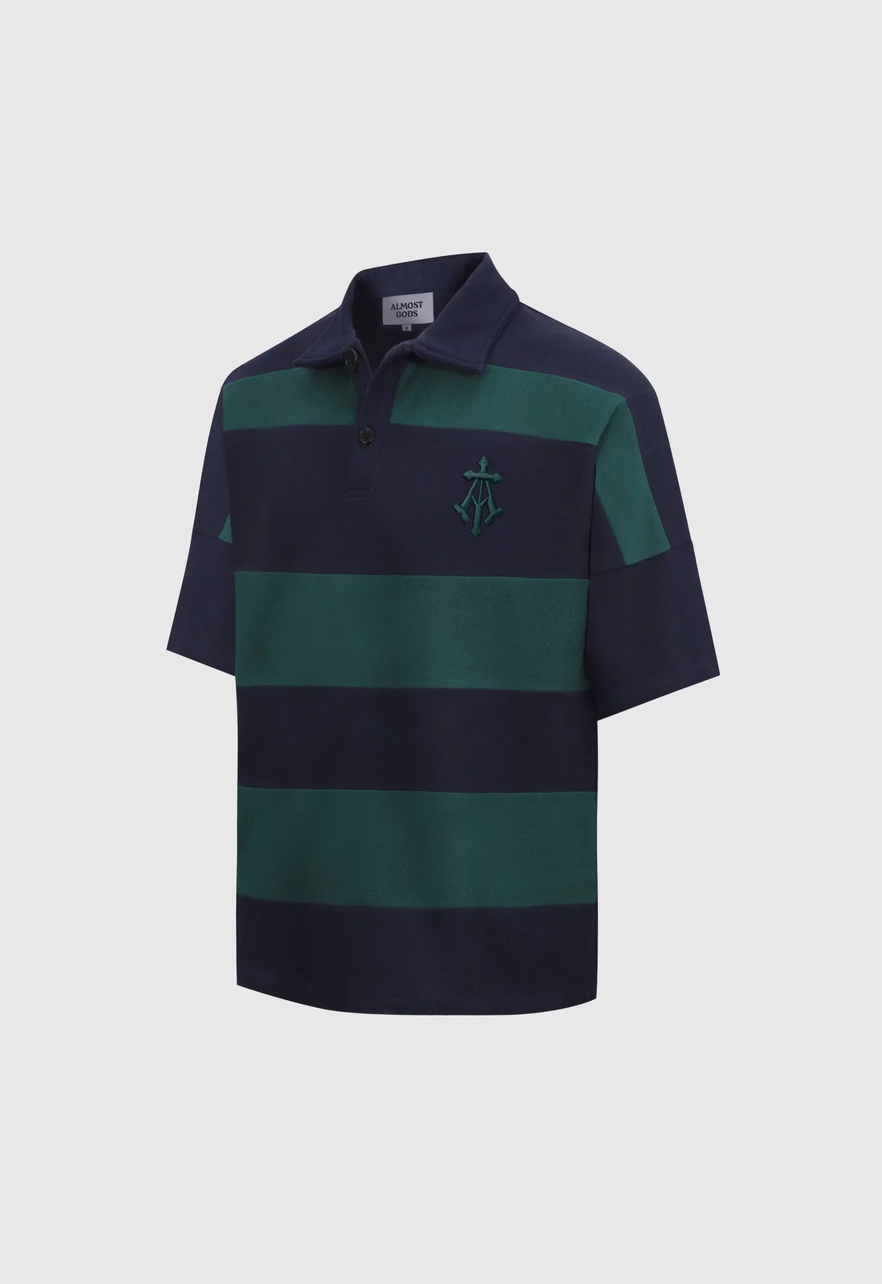 Woven Striped Boxy Polo In Navy And Green